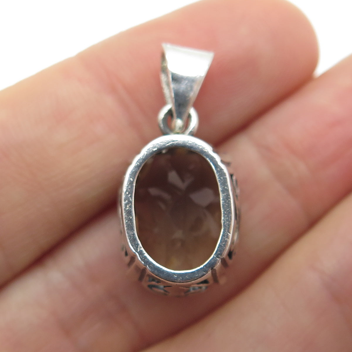 925 Sterling Silver Vintage Real Smoky Quartz Ornate Pendant