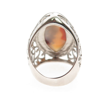 Ken Crafts 925 Sterling Silver Real Agate Floral Scroll Ring Size 7.25