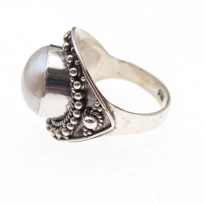 925 Sterling Silver Vintage Real Pearl Modernist Beaded Oxidized Ring Size 9.25
