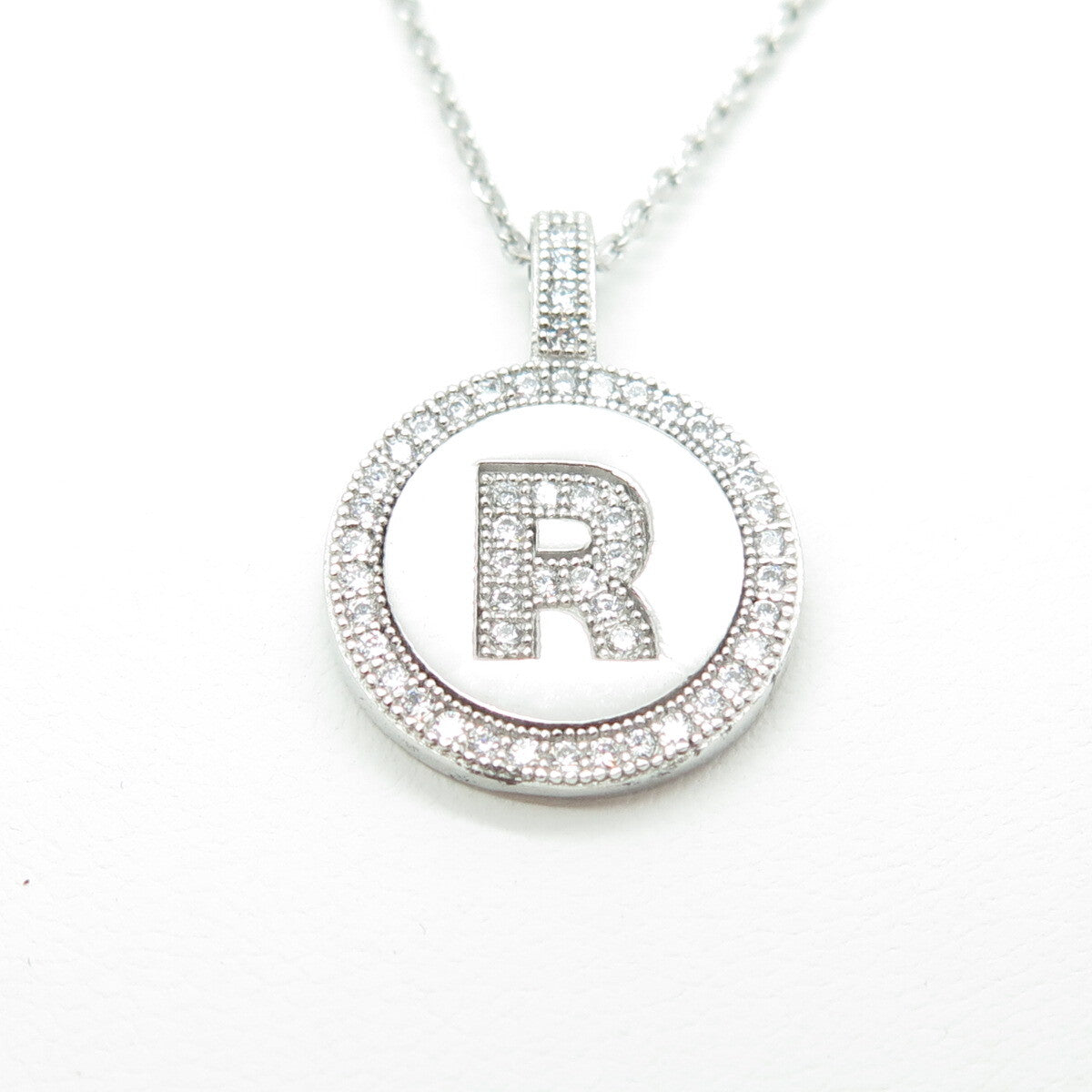 925 Sterling Silver Italy Round-Cut C Z Letter "R" Cable Chain Necklace 16"
