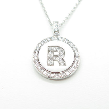 925 Sterling Silver Italy Round-Cut C Z Letter "R" Cable Chain Necklace 16"