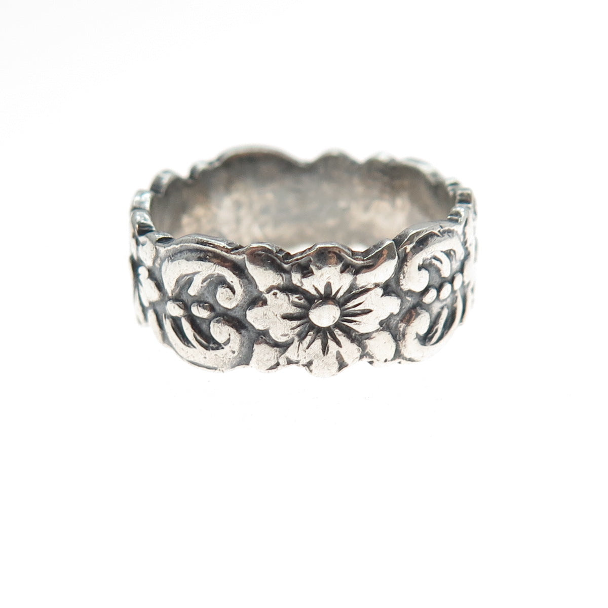 925 Sterling Silver Vintage Mexico Flower Oxidized Band Ring Size 7.5