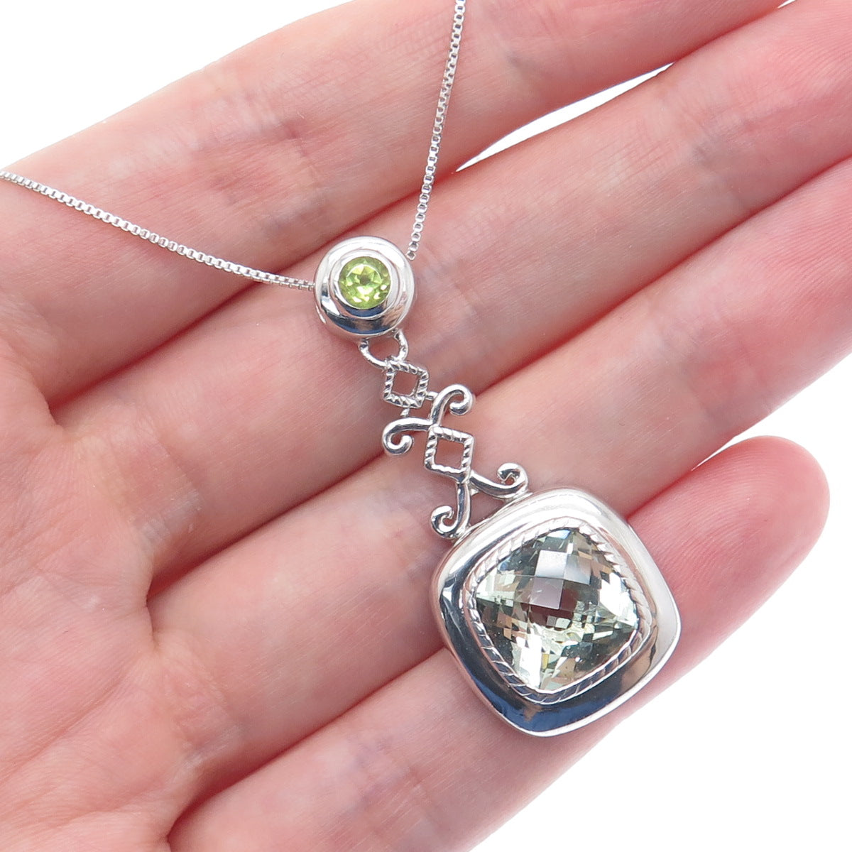 925 Sterling Silver SMK Real Green Amethyst & Peridot Gem Box Chain Necklace 18"