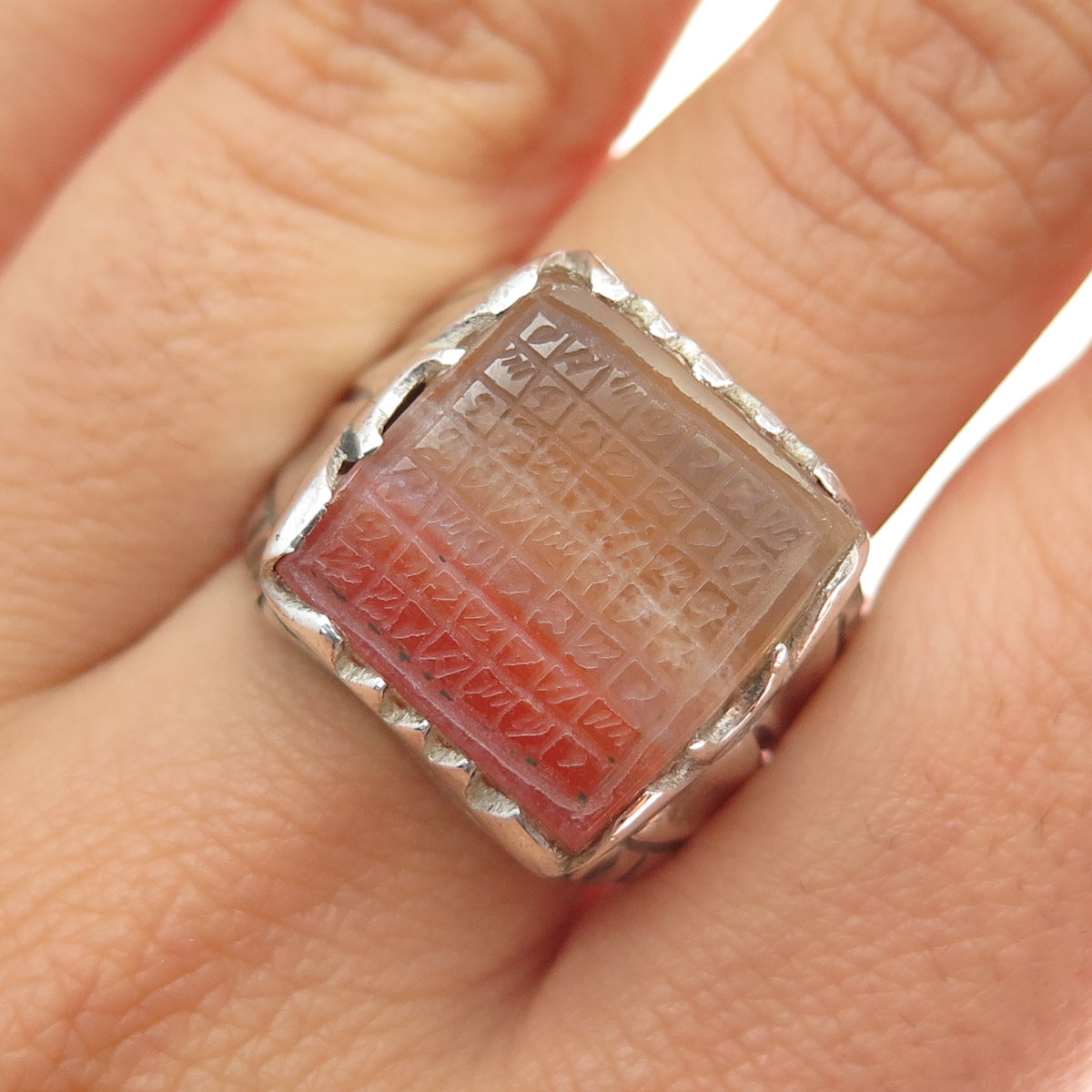 925 Sterling Silver Antique Real Agate Sharaf Islamic Oxidized Ring Size 9.25