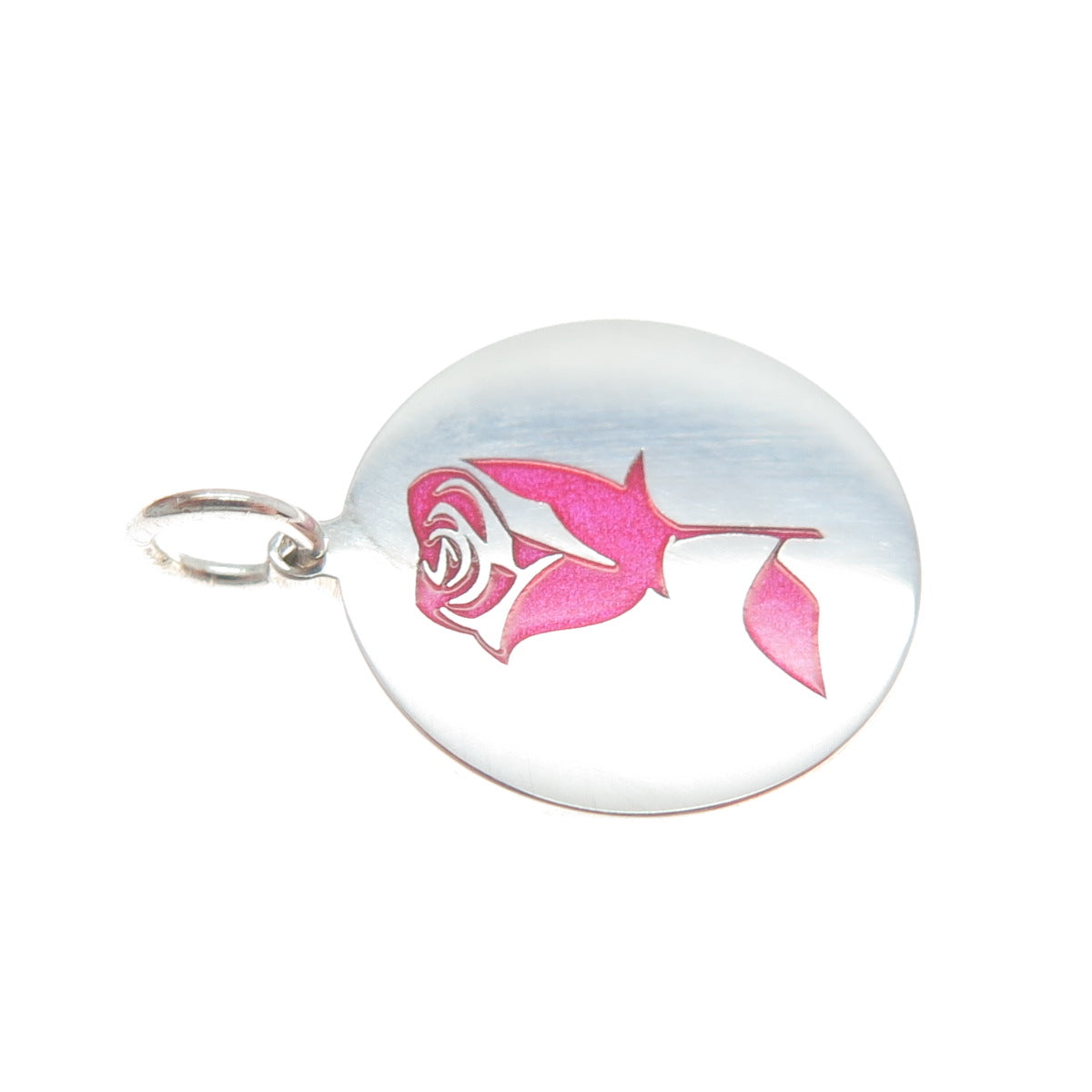 925 Sterling Silver Pink Enamel Rose Flower Round Tag Minimalist Charm Pendant