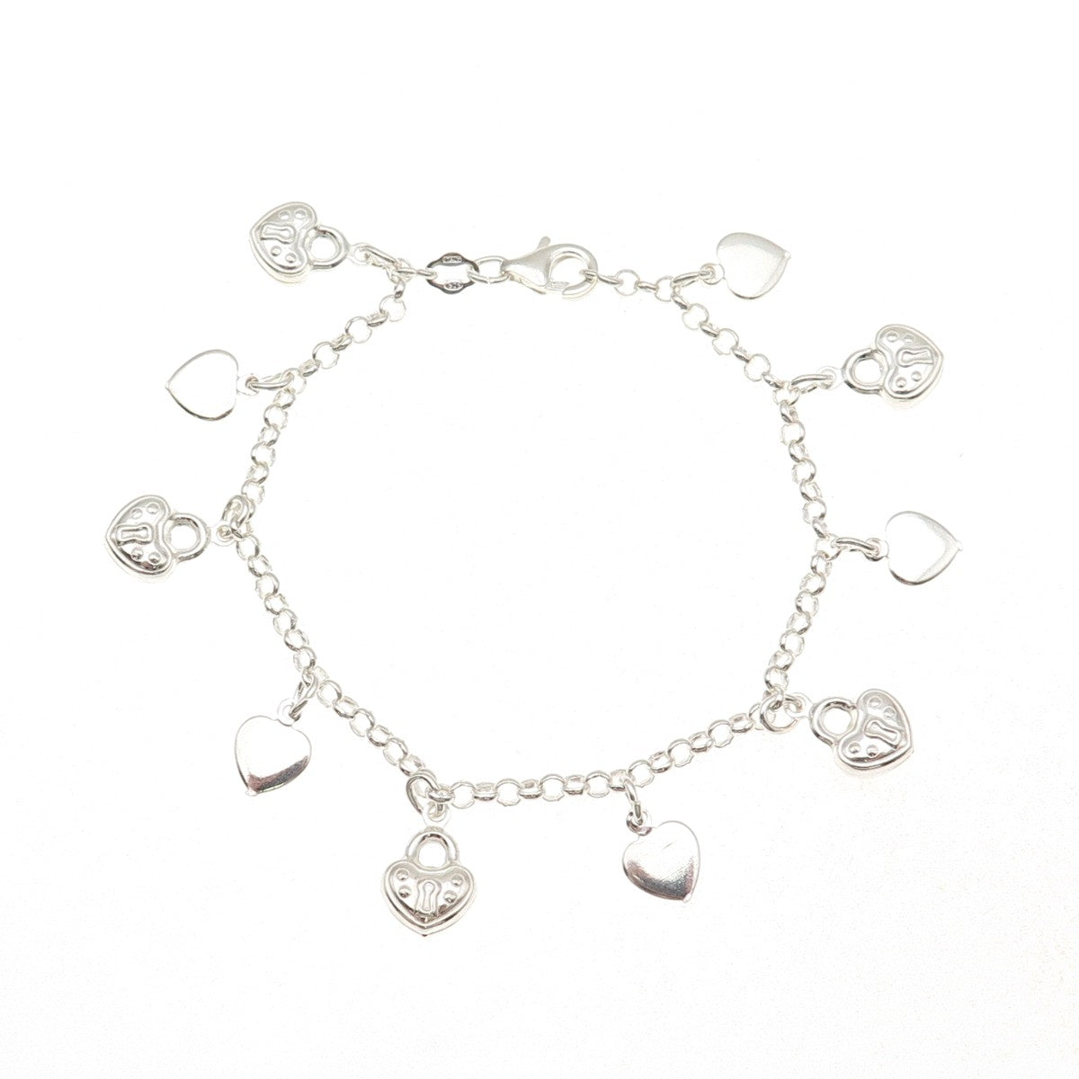 925 Sterling Silver Vintage Heart Lock Dangle Charm Rolo Link Bracelet 7"