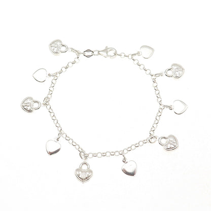 925 Sterling Silver Vintage Heart Lock Dangle Charm Rolo Link Bracelet 7"