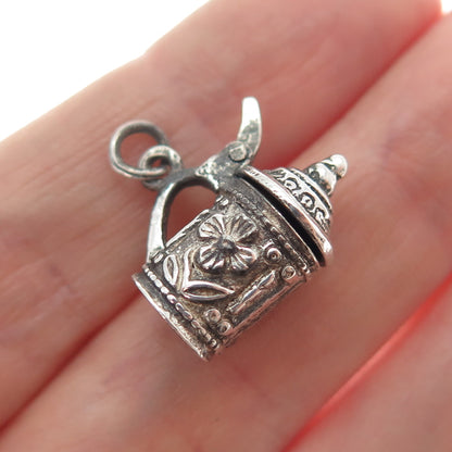 835 Silver Vintage Beer Stein Oxidized Minimalist Locket 3D Charm Pendant