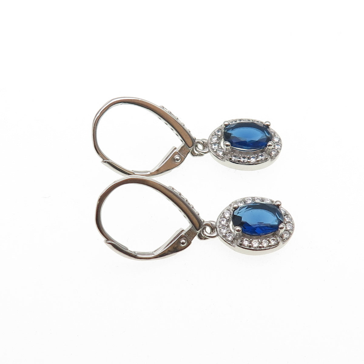 925 Sterling Silver Blue & White C Z Dangle Earrings