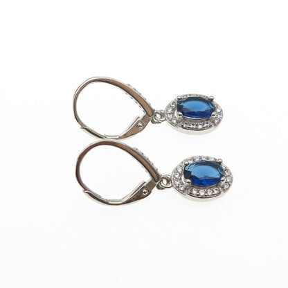 925 Sterling Silver Blue & White C Z Dangle Earrings