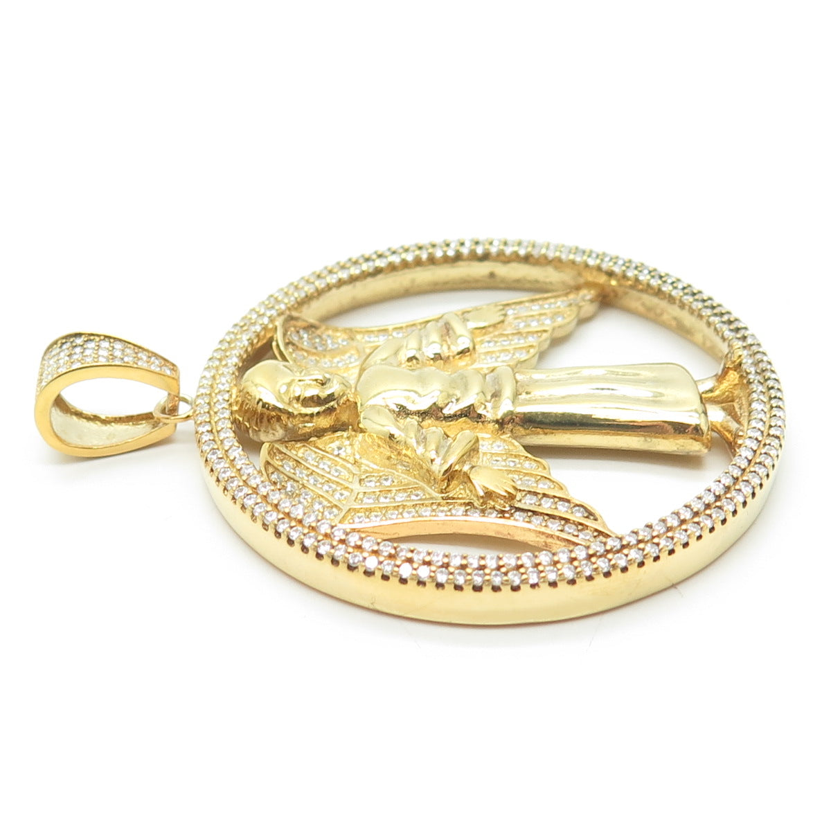 925 Sterling Silver Gold Plated Round-Cut C Z Christmas Angel Pendant