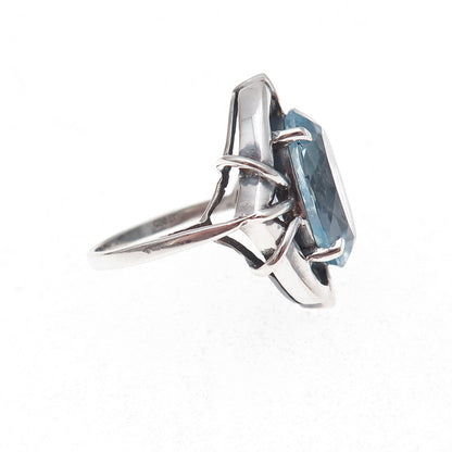 925 Sterling Silver Vintage Real Blue Topaz Modernist Oxidized Ring Size 7.5