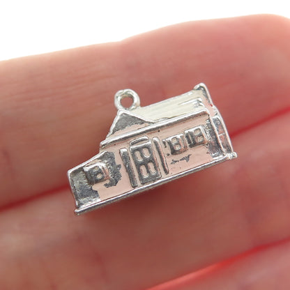 WELLS 925 Sterling Silver Antique Enamel Old Church Minimalist 3D Charm Pendant