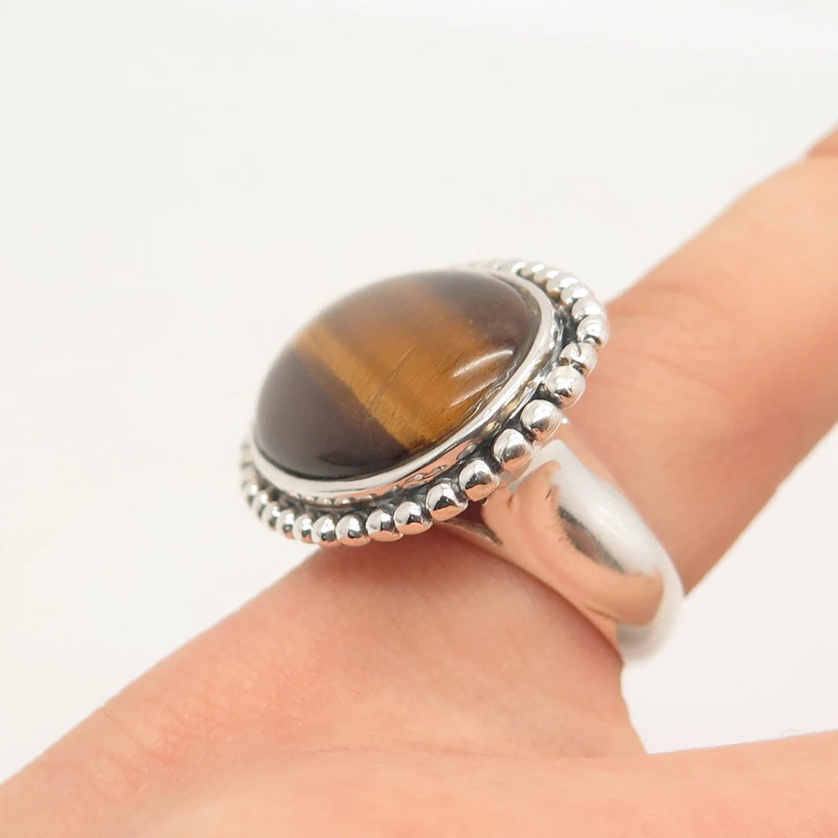 925 Sterling Silver Vintage Real Tiger Eye Gem Beaded Oval Ring Size 6