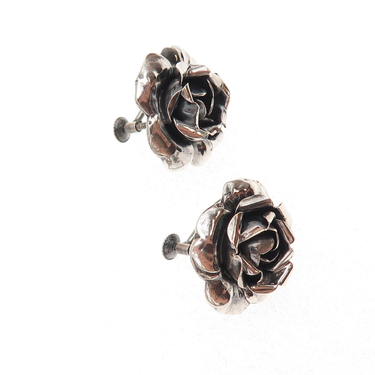 925 Sterling Silver Antique Art Deco Rose Flower Oxidized Screw Back Earrings