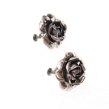 925 Sterling Silver Antique Art Deco Rose Flower Oxidized Screw Back Earrings