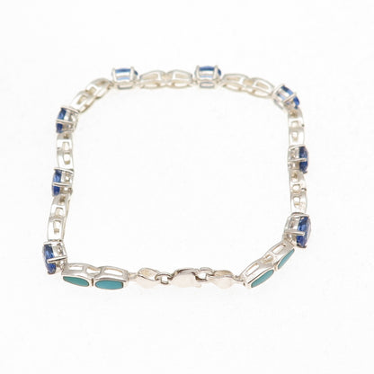 925 Sterling Silver Vintage Real Turquoise & Tanzanite Bracelet 7"