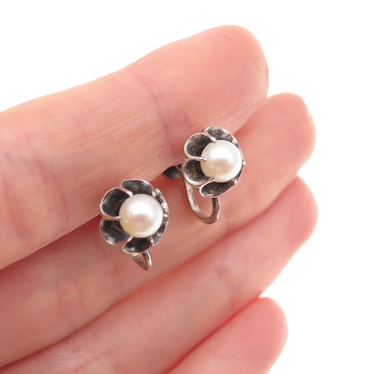 925 Sterling Silver Antique Real Akoya Pearl Floral Oxidized Screw Back Earrings
