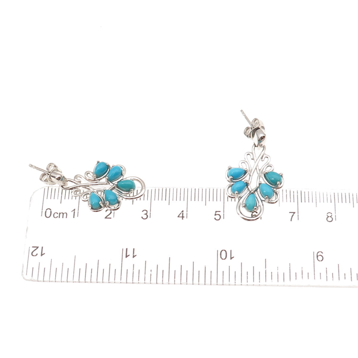 925 Sterling Silver Real Sleeping Beauty Turquoise Floral Dangle Earrings