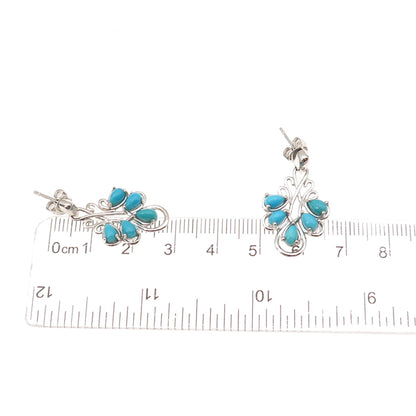 925 Sterling Silver Real Sleeping Beauty Turquoise Floral Dangle Earrings