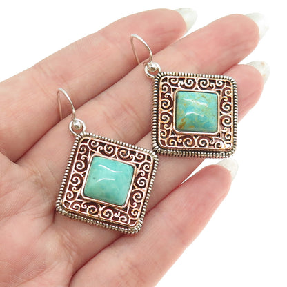 BARSE 925 Sterling Silver 2-Tone Vintage Real Turquoise Ornate Dangling Earrings