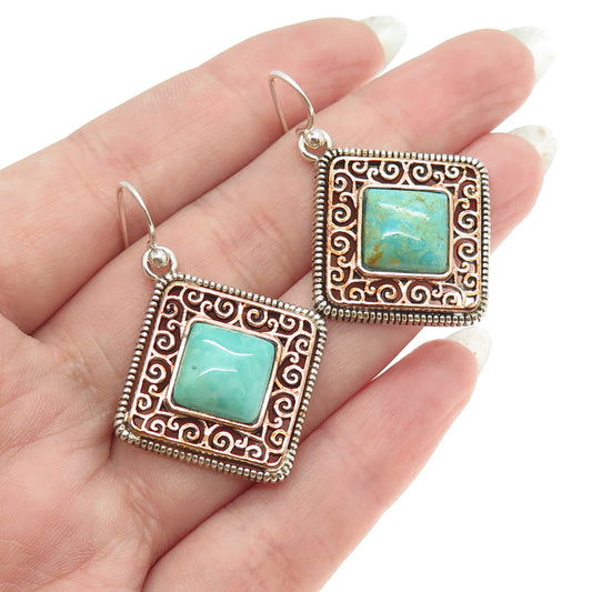 BARSE 925 Sterling Silver 2-Tone Vintage Real Turquoise Ornate Dangling Earrings