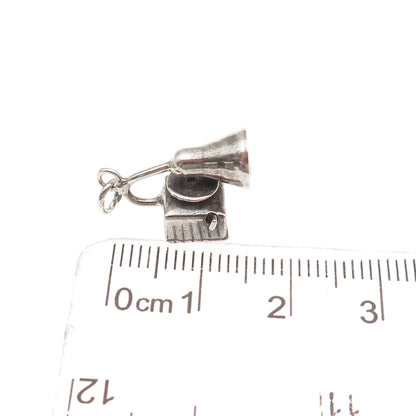 925 Sterling Silver Antique Art Deco Gramophone Oxidized 3D Mini Charm Pendant
