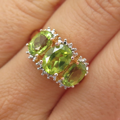 ROSS SIMONS 925 Sterling Silver Gold Plated Real Diamond & Peridot Ring Size 7