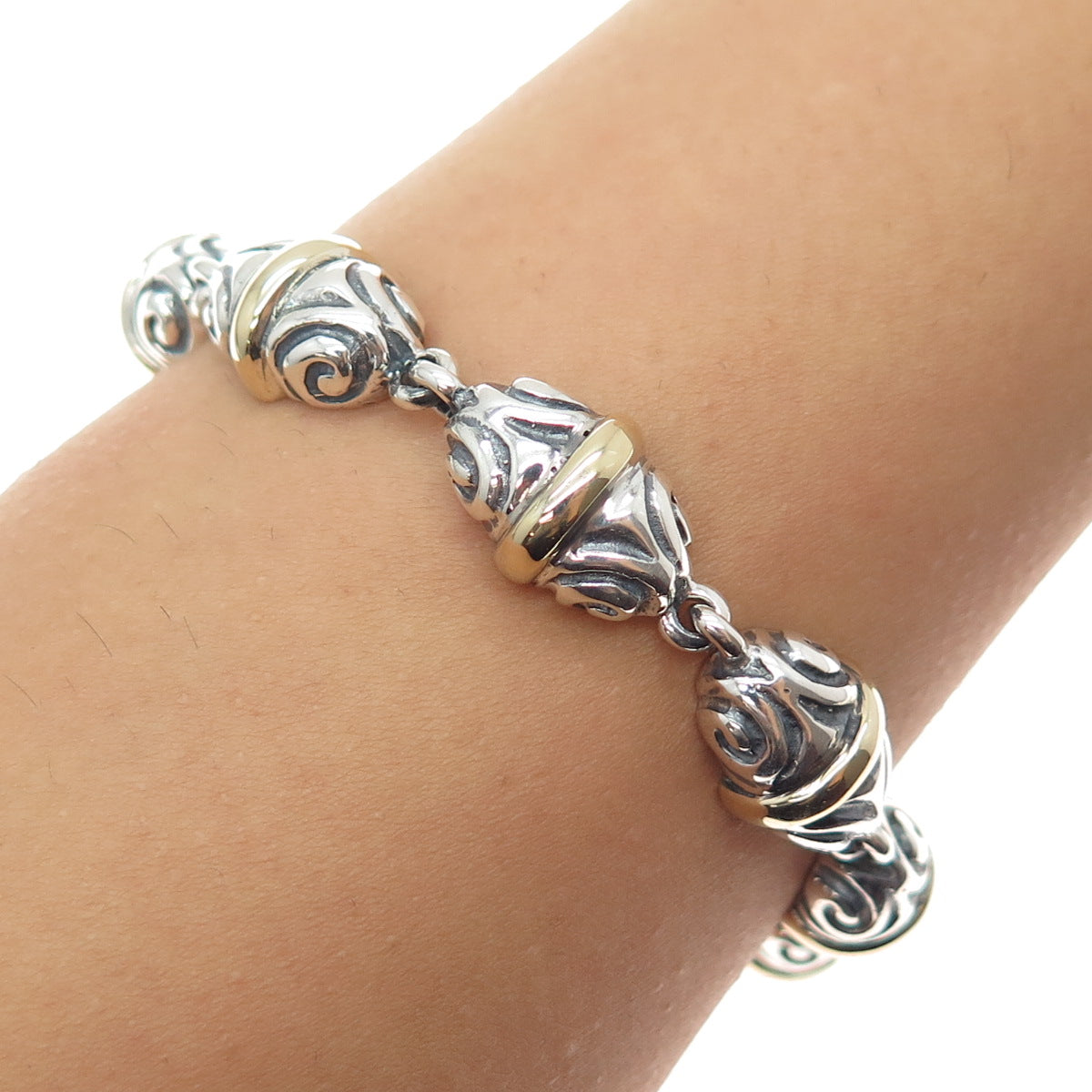 ZINA 14K Gold 925 Sterling Silver Vintage Modernist Spiral Beads Bracelet 7.25"