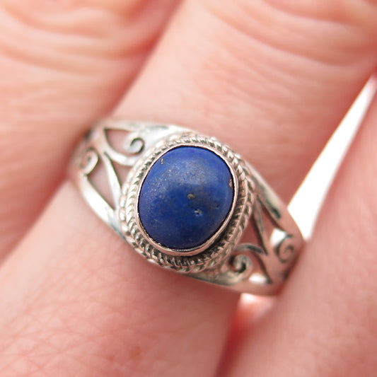 925 Sterling Silver Vintage Real Lapis Lazuli Swirl Ring Size 9