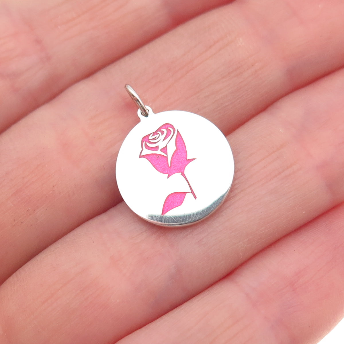 925 Sterling Silver Pink Enamel Rose Round Tag Mini Charm Pendant