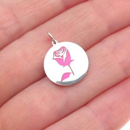 925 Sterling Silver Pink Enamel Rose Round Tag Mini Charm Pendant