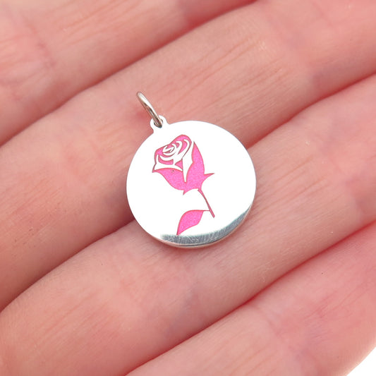 925 Sterling Silver Pink Enamel Rose Round Tag Mini Charm Pendant