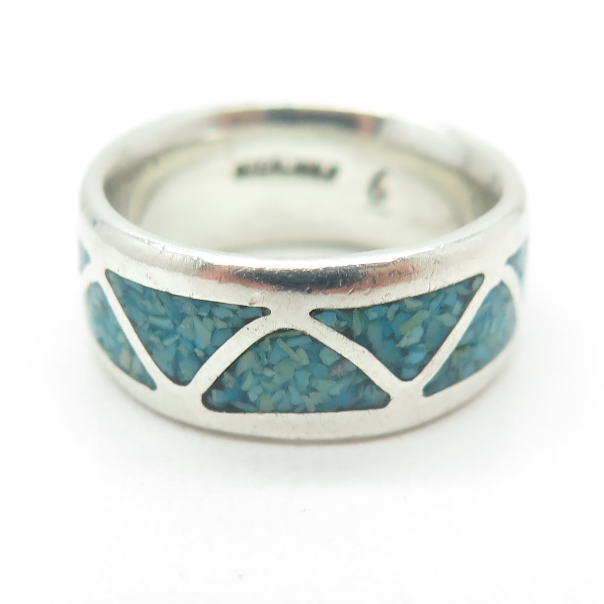 J&F Tsinijinnie Old Pawn Sterling Silver Vintage Turquoise Inlay Ring Size 6.25