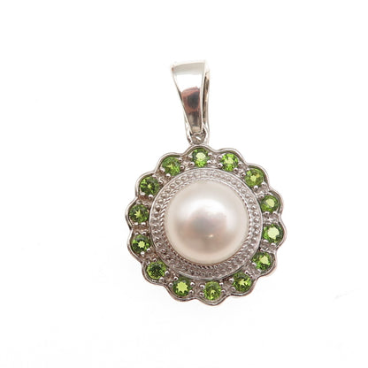 925 Sterling Silver Real Pearl & Round-Cut Peridot Charm Pendant