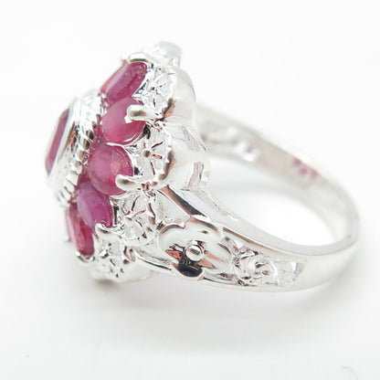 925 Sterling Silver Real Oval-Cut Ruby Flower Ring Size 6