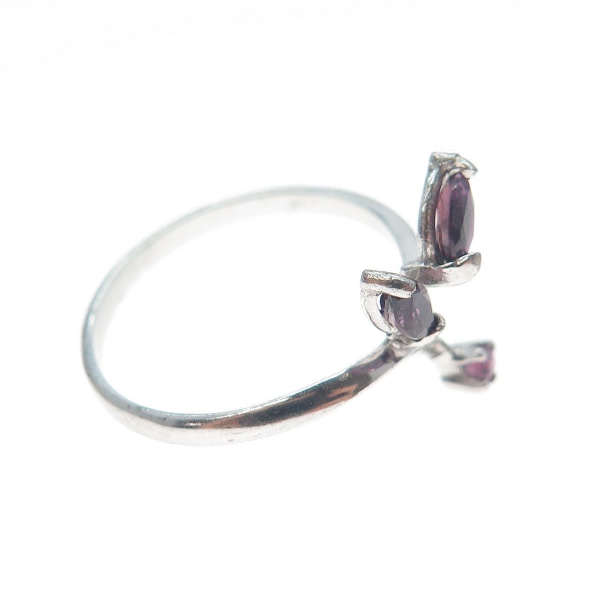 925 Sterling Silver Vintage Real Marquise & Round-Cut Amethyst Ring Size 6.75