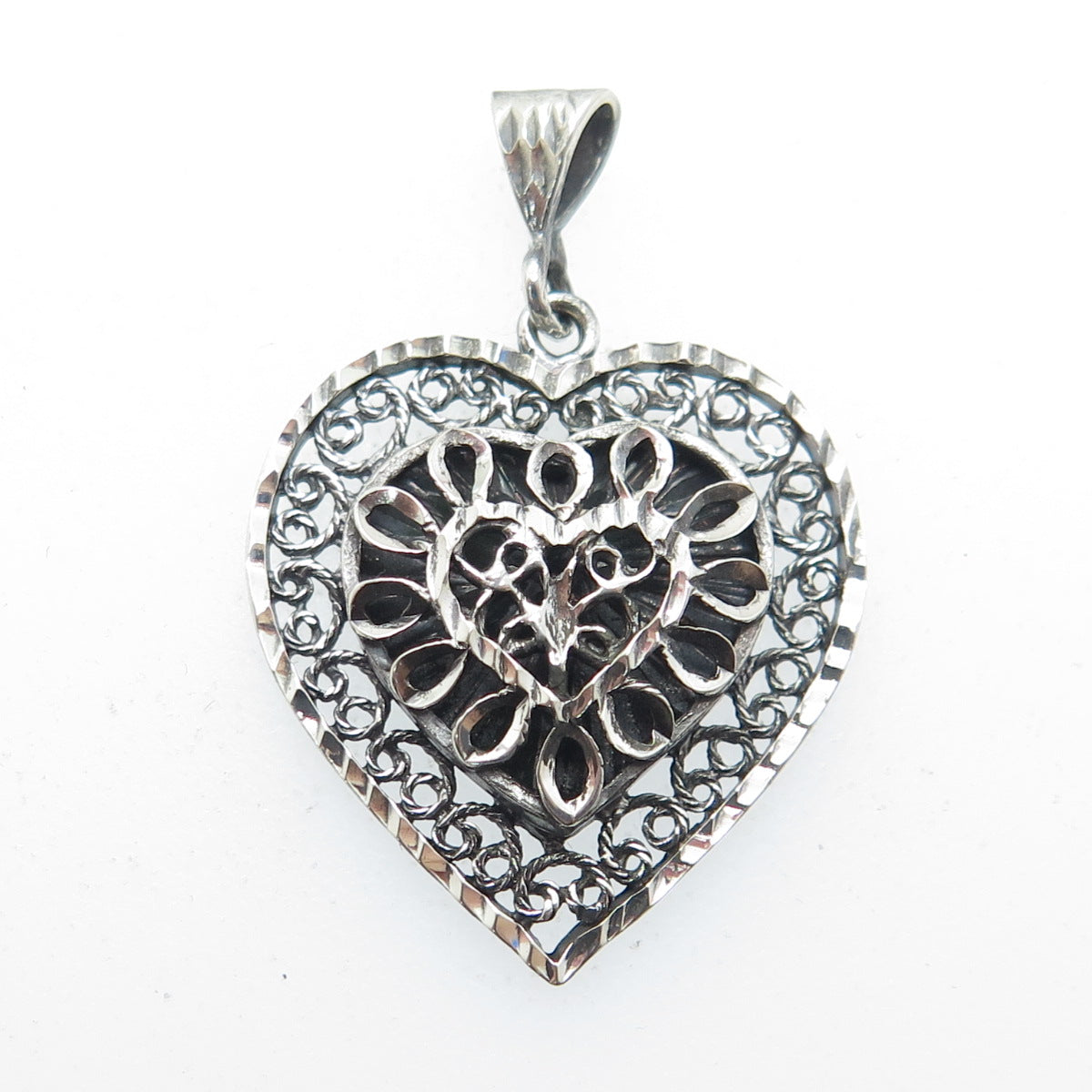 MORNING SUN 925 Sterling Silver Vintage Ornate Heart Oxidized Pendant