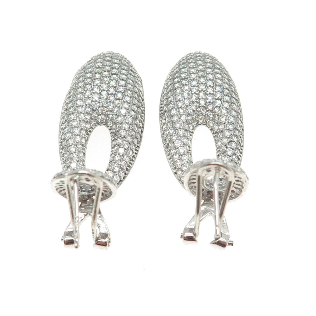 925 Sterling Silver Round-Cut C Z Oval Dangling Omega Back Earrings