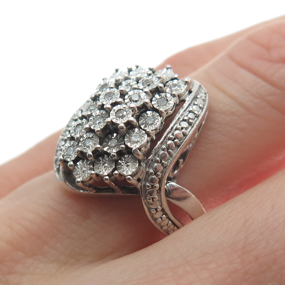 925 Sterling Silver Real Round-Cut Diamond Bohemian Ring Size 8.75