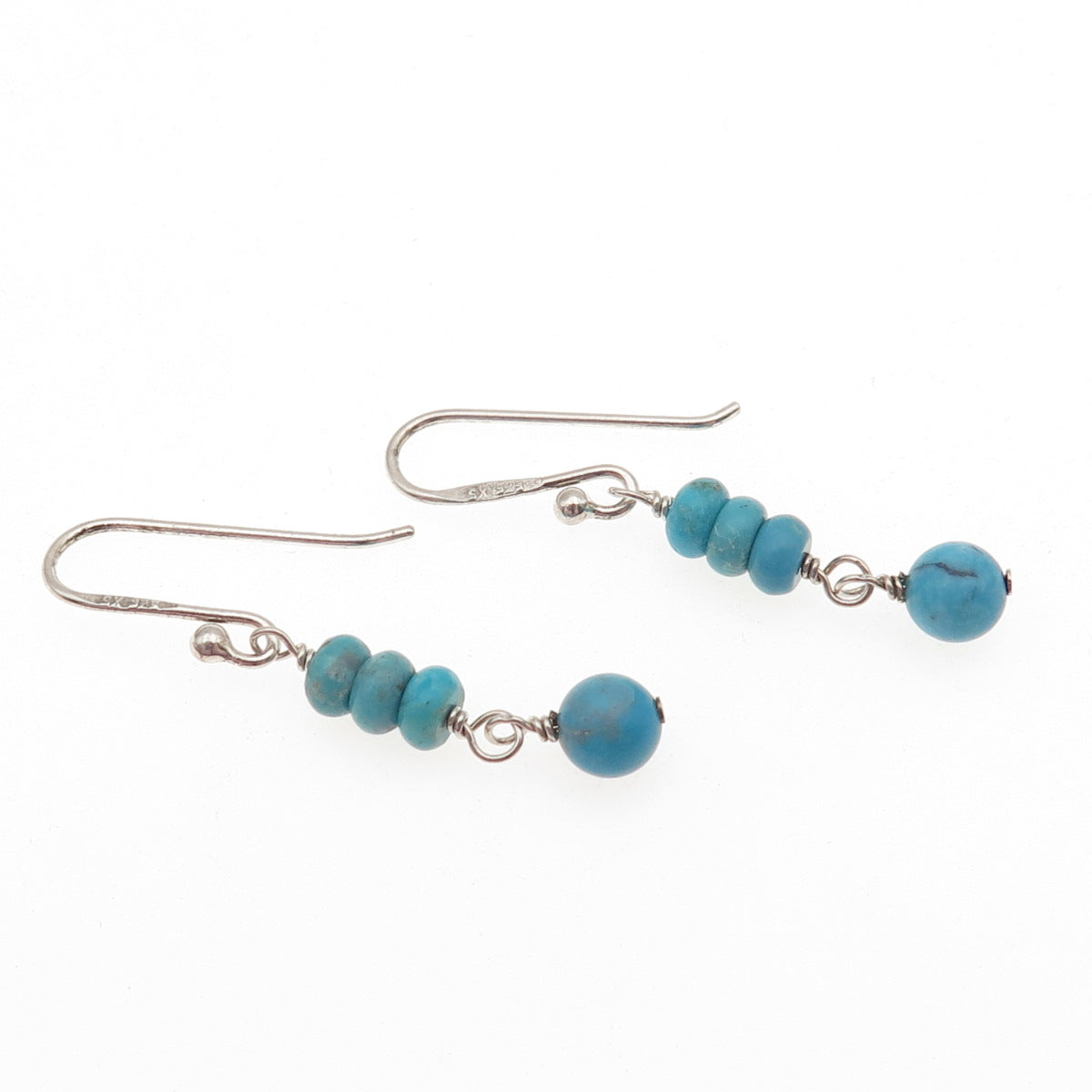 SX Sally C 925 Sterling Silver Vintage Real Turquoise Beaded Dangle Earrings