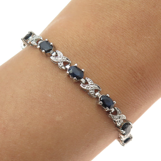 925 Sterling Silver Real Diamond Accent & Sapphire Kisses & Hugs Bracelet 7"