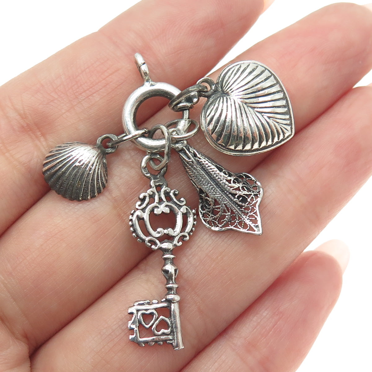 925 Sterling Silver Antique Real Pearl Heart Key Seashell & Calla Flower Pendant