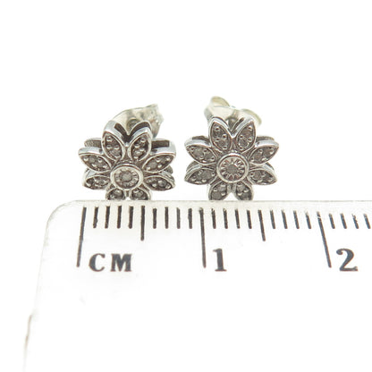 925 Sterling Silver Real Round-Cut Diamond Flower Stud Earrings