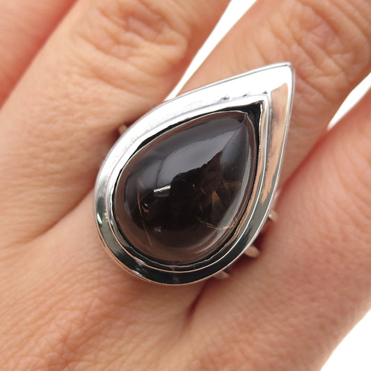 925 Sterling Silver Vintage Real Smoky Quartz Modernist Oxidized Ring Size 7.25