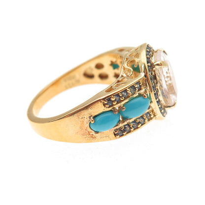 925 Sterling Silver Gold Plated Real Morganite Turquoise Sapphire Ring Size 8.25
