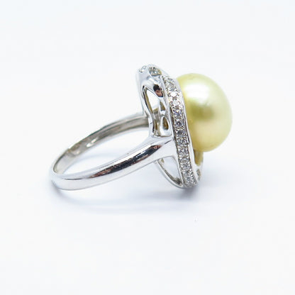 925 Sterling Silver Faux Pearl & Pave C Z Ring Size 6
