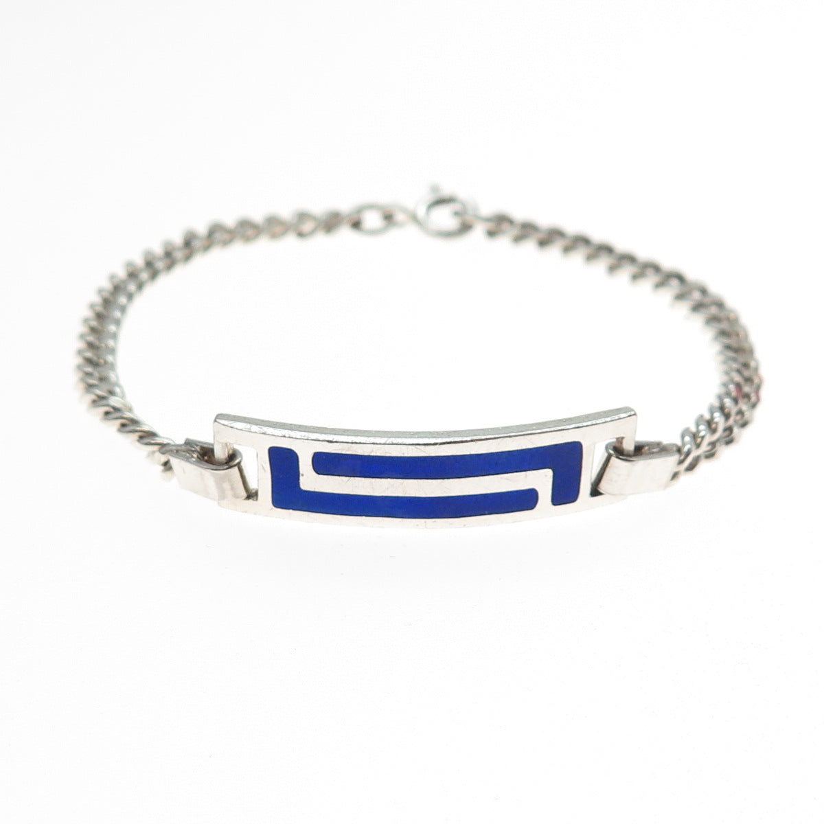 925 Sterling Silver Vintage Enamel Modernist Cuban Link ID Bracelet 6"