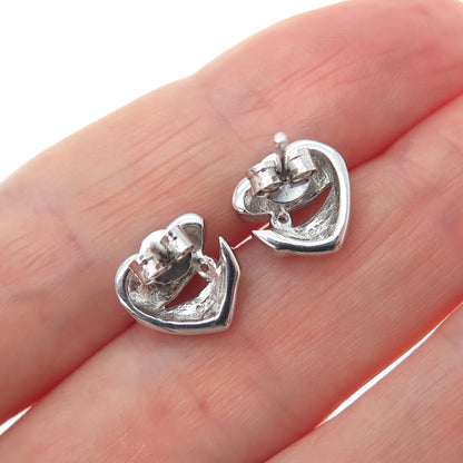 925 Sterling Silver Round-Cut C Z Modernist Heart Stud Earrings
