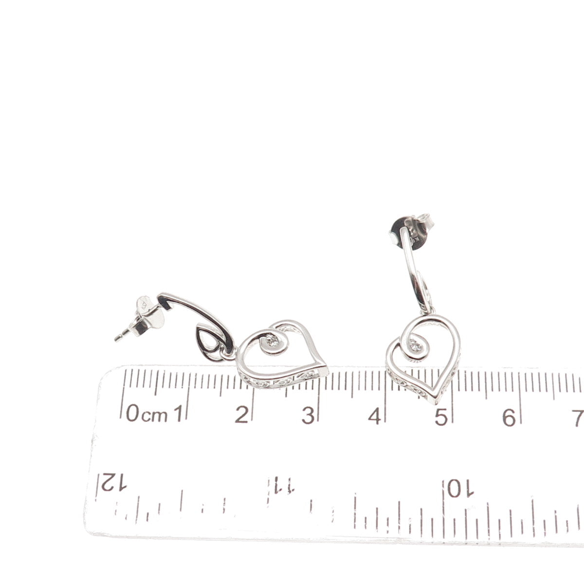 925 Sterling Silver Real Round-Cut Diamond Heart Dangle Earrings